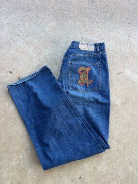 Vintage Baggy Hip Hop Skater Mens 38  Jeans With Back Pocket Embroidery K3